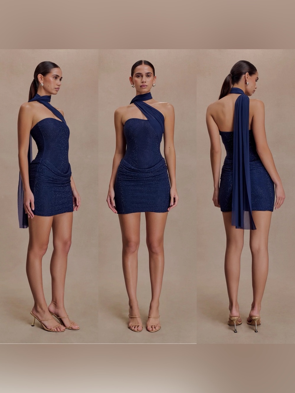 NEW! Meshki- Mattea Diamante Mini Dress With Scarf Navy Size Medium Strapless